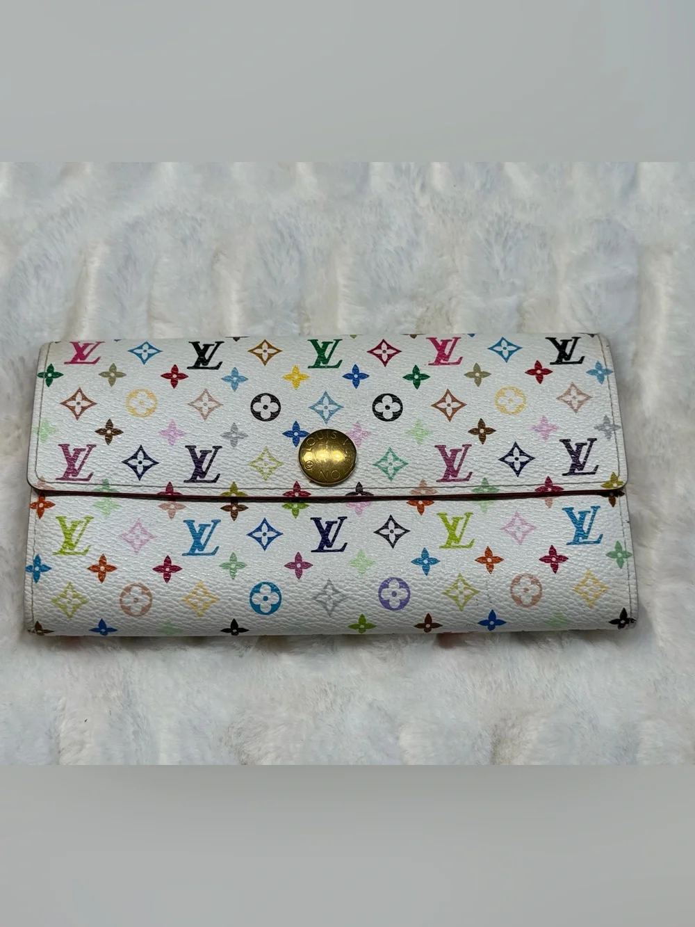 Louis Vuitton White Multicolor Murakami Monogram Wallet with Gold-Tone Snap